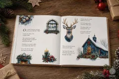 Offenes Bastelbuch mit aufgebrachten Quiet Country Blue Rub-Ons im Winter- und Landhaus-Design auf Holzoberfläche.