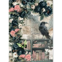 Reispapier-Bogen mit Rabe, dunklen Rosen und altem Bücherregal im Design The Witch's Grimoire