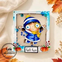 Polaroid-Rahmen mit Mädchen in blauem Mantel, Kürbissen und Etikett fall fun