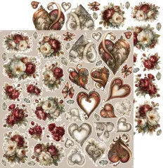 Stanzteile-Bogen mit Rahmen, Schleifen und Bannerrolle im Vintage-Stil, umrahmt von Rosen