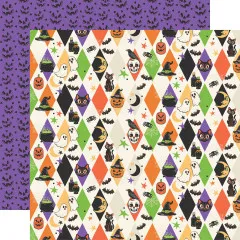 Designpapier mit lila-grün-orangefarbenem Rautenmuster und Halloween-Icons (Katzen, Geister, Kürbisse) / Rückseite: violettes Kürbis-Streumuster