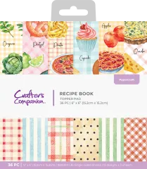 Verpackung des Crafter's Companion Recipe Book 6x6 Topper Pads mit Küchenmotiven wie Pretzel, Cupcake und Karo-Mustern