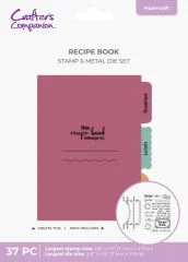 Rosa Rezeptbuch-Cover mit Registerlaschen 'Breakfast', 'Lunch' und 'Dinner' sowie Stempelabdruck 'This recipe book belongs to'.