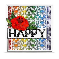 Handgemachte Grußkarte mit Regenbogen-Hintergrund durch Stencil Dentelle Florale und roter Mohnblume