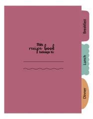 Nahaufnahme der farbigen Registerlaschen 'Breakfast', 'Lunch' und 'Dinner' am Rezeptbuch.