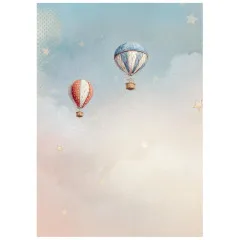 Reispapier A6 mit zwei Heißluftballons, Sternen und Wolken auf Blau-Rosa Farbverlauf