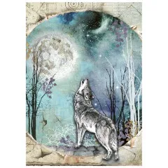 A6-Reispapier mit heulendem Wolf unter dem Vollmond im kahlen Wald