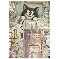 A6-Reispapier mit grinsender schwarz-weißer Katze, die durch zerrissenes Zeitungspapier schaut