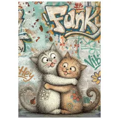 A6-Reispapier mit zwei sich umarmenden Katzen vor Funky-Graffiti