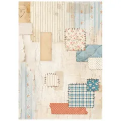 Reispapier A6 mit Patchwork aus Mustern, Blümchen, Karos, Streifen und Herzdetail