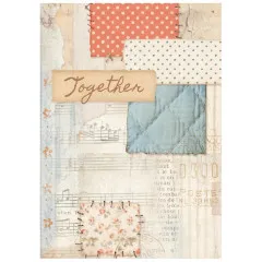 Reispapier A6 mit Patchwork-Design, Text 'Together', Punkte- und Blümchen-Muster in Rot und Blau