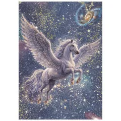 A6-Reispapier mit fliegendem weißem Pegasus im blauen Sternenhimmel mit Galaxie