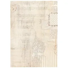 Reispapier A6 mit Noten, französischem Text und dekorativen Elementen in Vintage-Stil