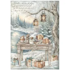 Stamperia Rice Paper - White Christmas by Cristina Radovan - Festive Table by the Lake