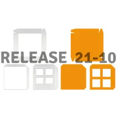 Release-Grafik 21-10 mit den Stanzteilen der Gift Box in Weiß und Orange: Seitenwände mit Fenster und Deckel