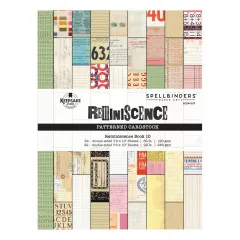 Verpackung des Reminiscence Book 10 Patterned Cardstock mit Produktinfos und Musterausschnitten der Vintage-Motive in Front- und Rückansicht.