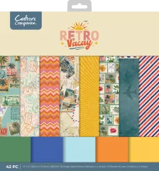 Verpackung des Retro Vacay 12x12 Paper Pads mit Vorschau der 8 Designs aus Palmen, Postkarten, Streifen und Briefmarkenmuster plus Leinenkarton-Farben.