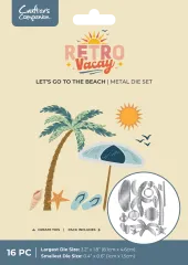 Verpackung der Retro Vacay Strandszene-Stanzschablone mit Palme, Sonnenschirm, Muschel, Seestern und Flip-Flops.