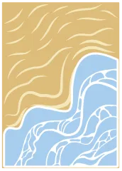 Kombinierte Ansicht beider Schablonen als Strandhintergrund mit goldbraunem Sand und hellblauem Meer.