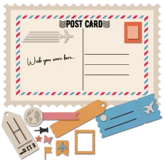 Fertig gestaltete Retro-Postkarte mit Flugzeug, Briefmarke und Schriftzug "Wish you were here…" sowie Gepäckanhängern.