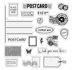 Alle Stempelmotive des Sets: "POSTCARD"-Schriftzug, Poststempel, "Express Mail", Schmetterling und Adresszeilen.
