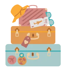 Fertige Karte mit drei bunt gestapelten Reisekoffern, Sonnenhut, Sonnenbrille und Flugticket.