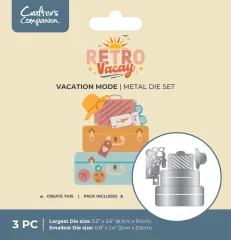 Verpackung der Retro Vacay Vacation Mode Stanzschablone mit fertiger Karte, die drei gestapelte Koffer mit Sonnenhut und Flugticket zeigt.