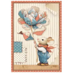 Decoupage Reispapier A6: Maus mit Patchwork-Blüte, rote Bordüre, Punkte-Muster, Bastelvorlage zum Reißen