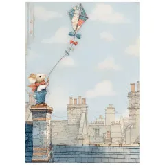 Reispapier A6 mit Maus auf Dach mit Drachen, Himmel, Chimney-Silhouette, Vintage, Kite Motiv