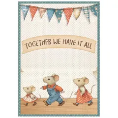 Reispapier A6 mit Wimpelkette und Familienmotiv: drei tanzende Mäuse, Punkte-Hintergrund, Spruch Together We Have It All