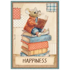 Rice Paper A6 Motiv: Maus mit Brille auf Bücherstapel, Text Happiness, orange-blau Patchwork, Dachziegel-Rahmen