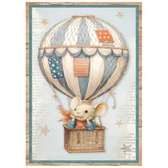 Heißluftballon-Design mit Maus im Korb, Sterne, beige-blau gestreift, Vintage-Stil, Decoupage A6