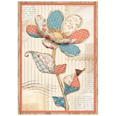 Reispapier-Kartendesign A6: zwei Blüten mit Patchwork-Details, beige-rotes Muster, Vintage-Textur