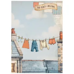 Reispapier A6 mit Wäscheleine zwischen Häusern, Vintage, Spruch The Place I Belongs, Himmel, Wäschestücke