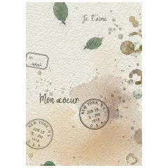 Reispapier mit cremefarbenem Hintergrund, grünen Blättern, französischem Text und Poststempel-Design