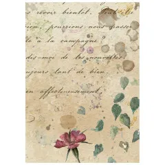 A6 Reispapier mit rosa Nelke, grünen Blättern, Wasserflecken und französischen Schriftzügen