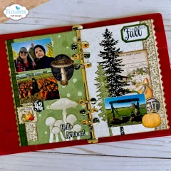Offenes Ringbuch mit herbstlichen Scrapbook Seiten und Waldmotiven