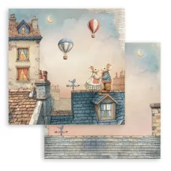 Papierblatt mit Dächern, Heißluftballons, Mondmotiv und verliebten Mäusen auf Dachziegel