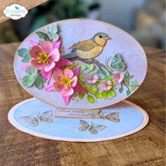 Rosafarbene Akelei mit Vogel, Doppelkarte, Spruch „Live simply, bloom wildly“.