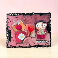 Rosa-rote Bastelkarte mit Herzen und Blumen sowie dem Card Maker Stempel