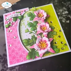 Rosa-weiße Akeleien auf zweifarbiger Karte, Spruch „With love“.