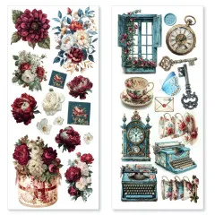 Zwei transparente Klebebögen mit Rosen- und Pfingstrosenmotiven in Burgund sowie Vintage-Fenster, Teetasse und Schlüssel
