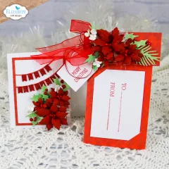 Roter Kartenhalter mit Organzaschleife, Weihnachtssternen, Wimpelkette und To/From-Karte