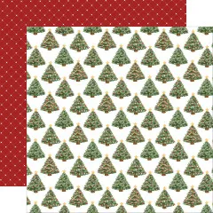 Rotes Quilting-Muster-Papier links, rechts Weihnachtsbäume mit goldenen Sternen und Kugeln in Grün auf weißem Grund