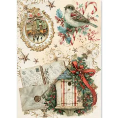 Reispapier-Bogen mit Rotkehlchen, altem Bilderrahmen, Vogelhaus und Briefen im Design Cozy Christmas