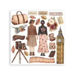 Rub-On Transferfolie mit zwei Frauen, Big Ben, Vogel, Koffer und Herbstmotiven auf weiß