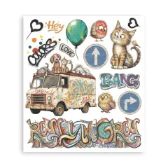 Rub-On-Bogen mit Graffiti-Lieferwagen, Katze, Verkehrsschildern, Ballon und Bang