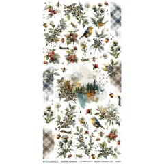 Rub-On-Bogen 1 mit Himbeeren, Distelblüten, Rotkehlchen und einer Waldsee-Illustration.