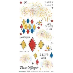 Rub-On-Bogen 1 mit goldenem Feuerwerk, bunten Rauten und den Schriftzügen „Happy Place" und „Pure Magic".
