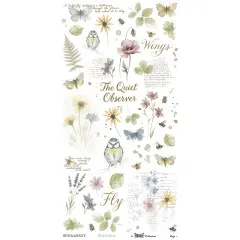Rub-On-Bogen 1 mit Meisenvogel, Mohnblüte, Schmetterling und Schriftzug „The Quiet Observer".